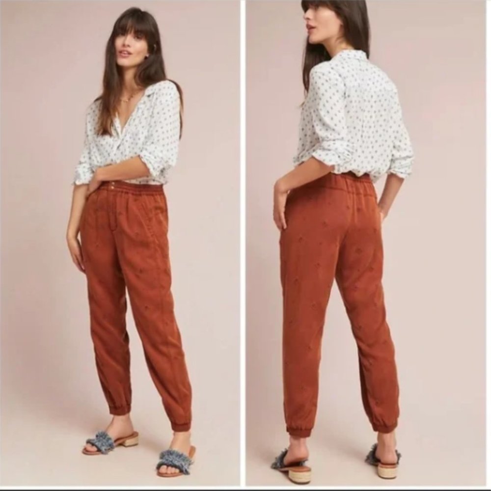 Anthropologie Rowan Embroidered Joggers Terra Cotta Color Size M